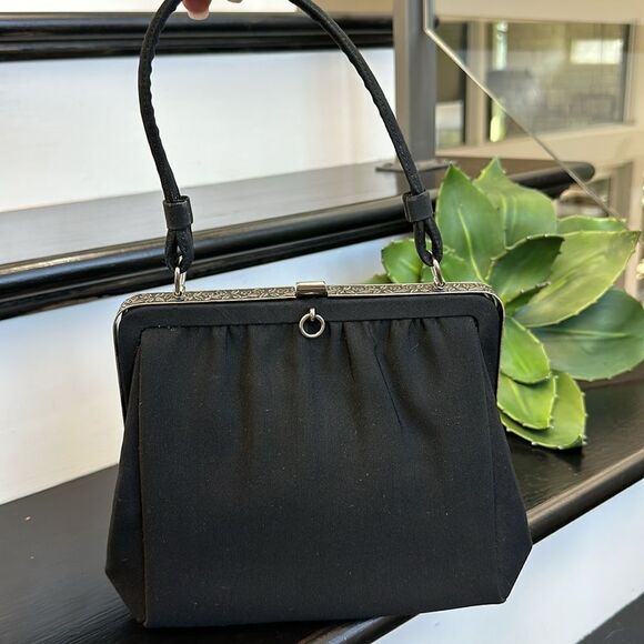 L and M vintage-look like new evening bag satchel purse black silver canvas - Picture 2 of 12